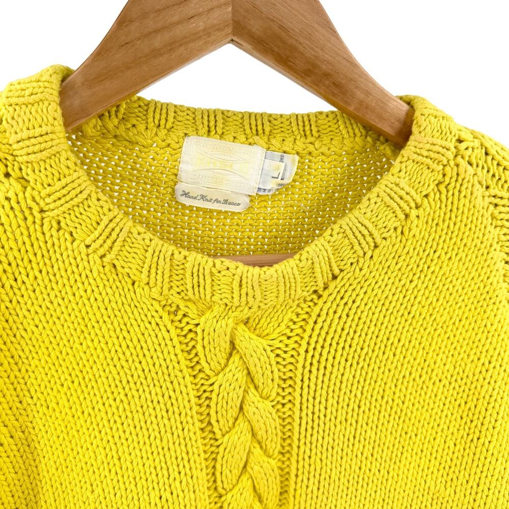 Vintage 80s BASCO by Barneys Neon Yellow 100% Cotton Cable Knit Pullover Sweater - Picture 2 of 8